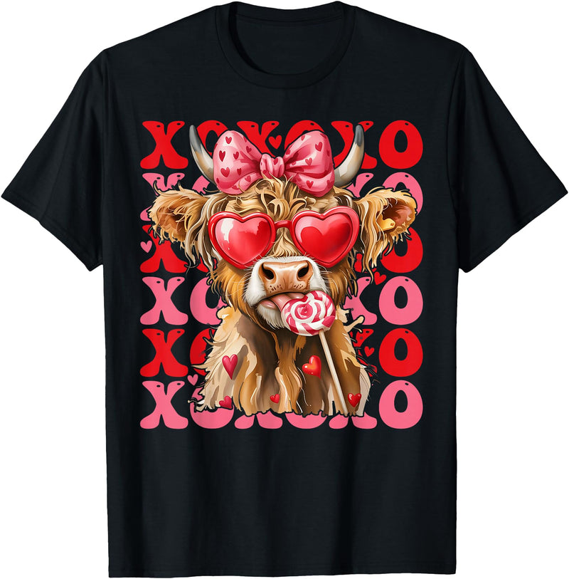 Valentine XOXO Highland Cow Fng Valentine XOXO Highland Cow Cute Coquette Bow Western T-Shirt - Black