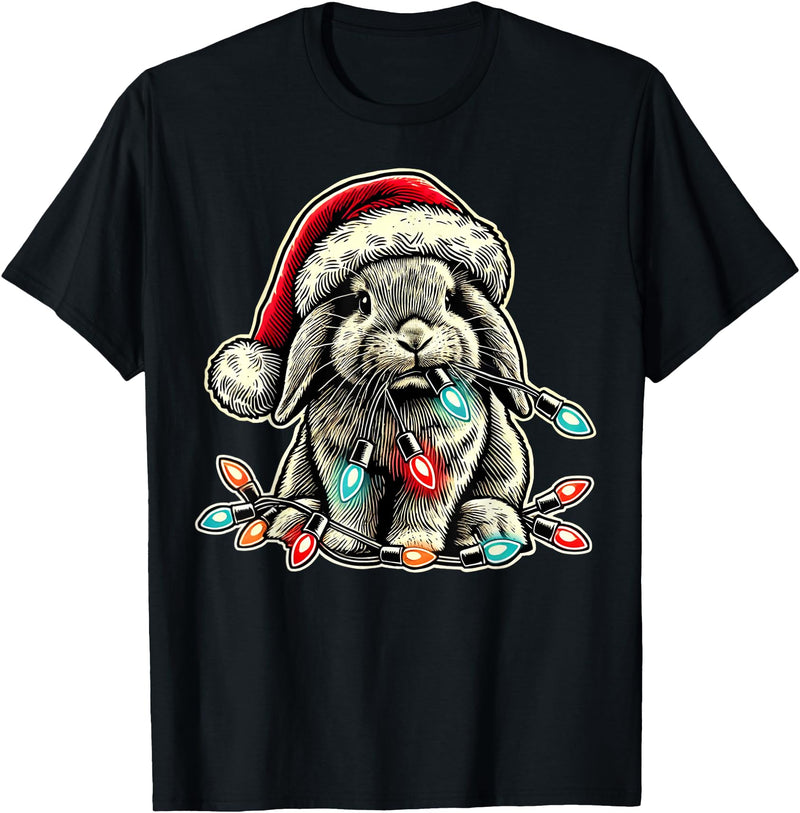 Holland Lop Rabbit Chew Christmas Light Vintage Artistic T-Shirt in Black