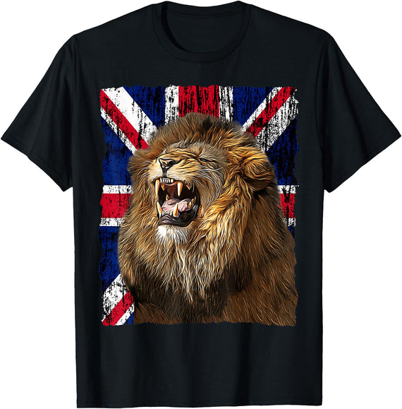 Patriotic Puppies Patriotic Roaring Lion UK Flag Distressed United Kingdom T-Shirt - Black