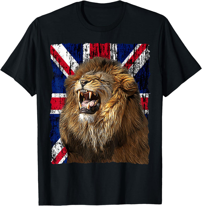 Patriotic Puppies Patriotic Roaring Lion UK Flag Distressed United Kingdom T-Shirt - Black
