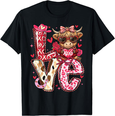 Love Western Highland Cows Valentine Cowgirl Hat T-Shirt