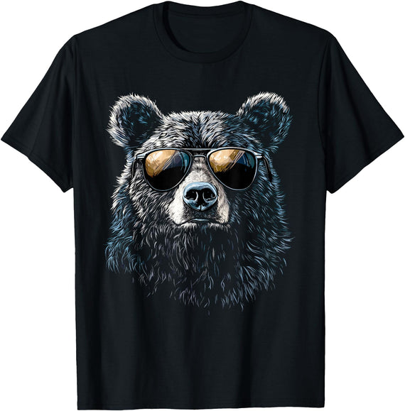 Forest Illustration Bear Art Nature Bear Wearing Sunglasses Wildlife Artwork Graphic Bear T-Shirt - Black