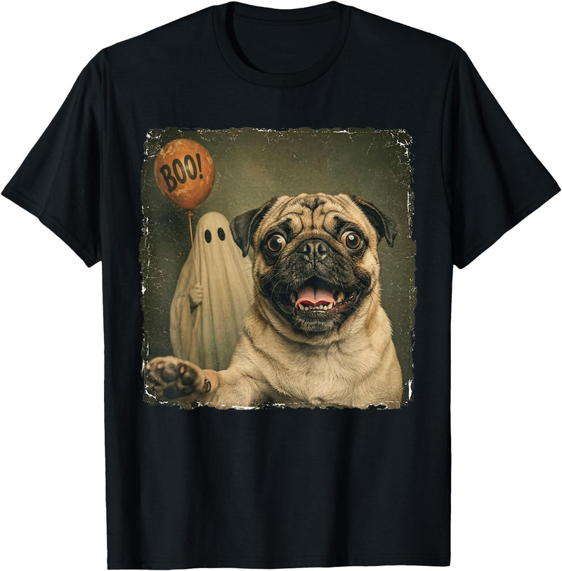 Issebl Dog Pug Lover Funny Pug Halloween Ghost Selfie Dog Funny T-Shirt - Black
