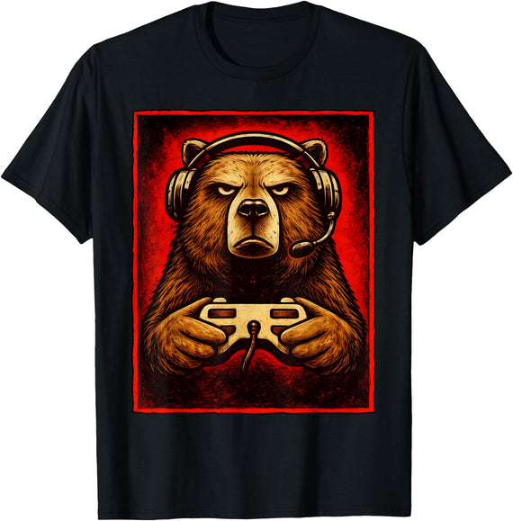 Funny Gaming Bear Gamer Graphic Gamer Bear Graphic Funny Gaming Animal Grizzly Bear Costume T-Shirt - Black