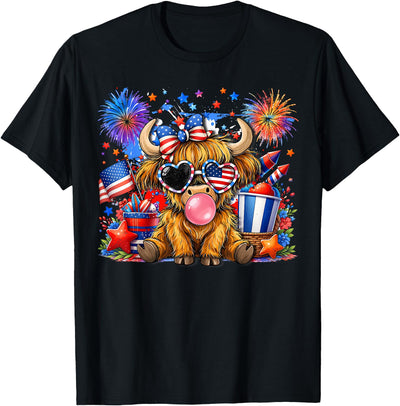 4th of July Highland Cow Patriotic Cow Farmer Kids T-Shirt