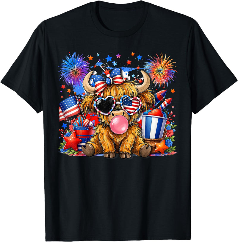 July 4th Highland Cow Farm Lovers America Tees 4th of July Highland Cow Patriotic Cow Farmer Men Women Kids T-Shirt - Black