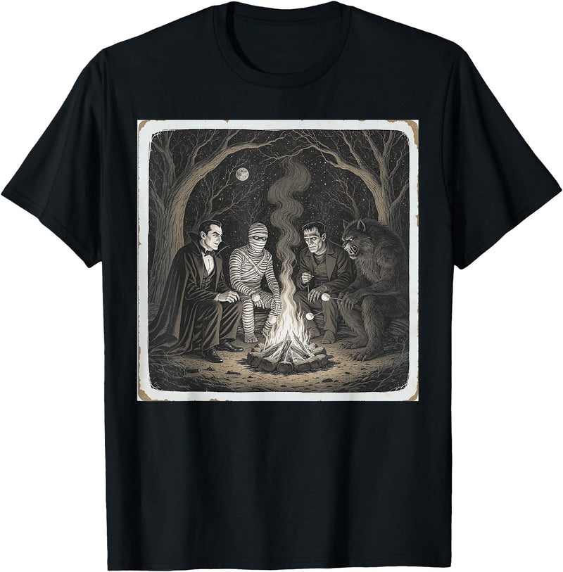 Classic Monsters Campfire Halloween Wear Classic Monsters Campfire Halloween Costumes Graphic T-Shirt - Black