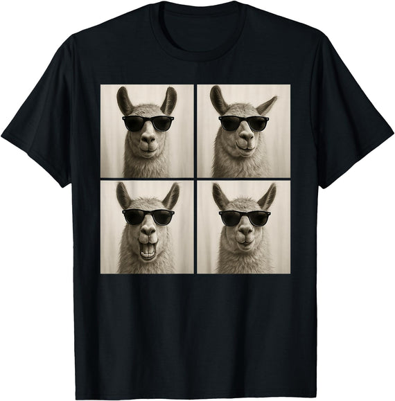 Retro Llama Portrait with Sunglasses Funny Llama Lover Cute Llama Photo Booth T-Shirt - Black
