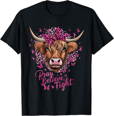 Women Highland Cow Pink Ribbon Breast Cancer Awareness T-Shirt