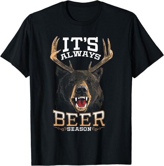 Hunted Apparel It's Always Beer Season Bear Deer Beer Funny Hunter Hunting T-Shirt - Black