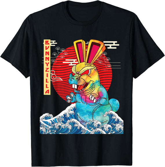 BunnyZilla Vintage Funny Cute Rabbit Art Japanese Sunset T-Shirt in Black