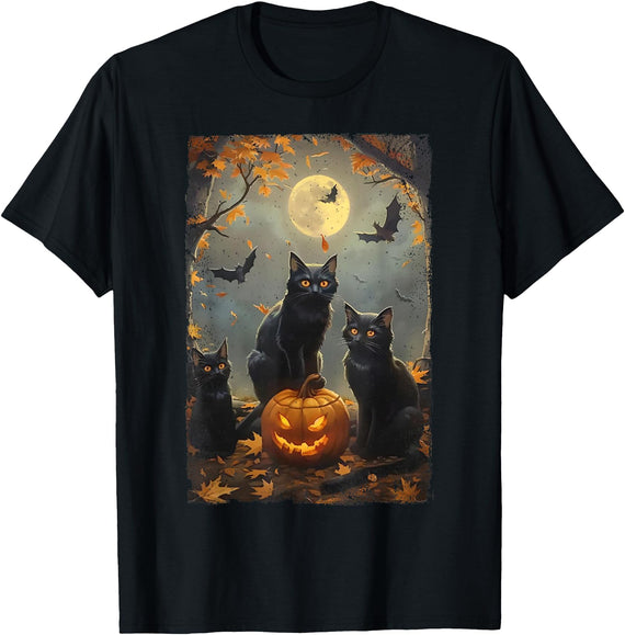 Halloween Cat Horror Vintage Three Black Cats Halloween Pumpkin Costume Cat Lover T-Shirt for Men Women Kids - Black