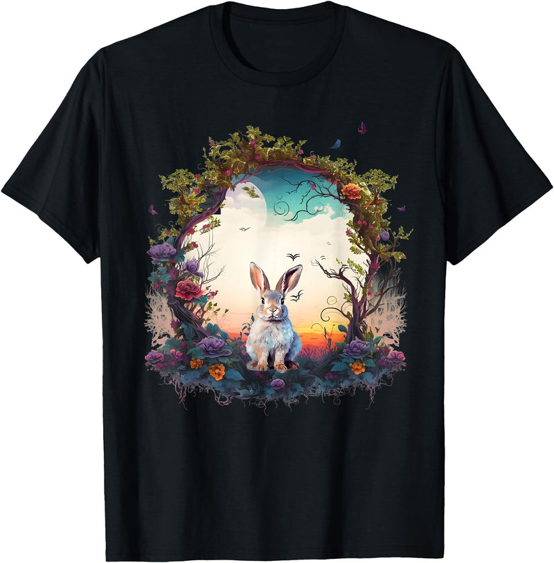 Mountain Woodland Animals Cute Rabbit Nature Floral T-Shirt in Black