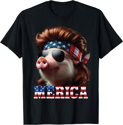 Pig Merica Mullet 4th of July And Father's Day Man Funny T-Shirt