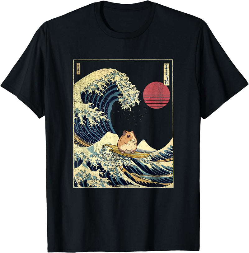 Hamster Kanagawa Wave Funny Surf Animal T-Shirt - Black