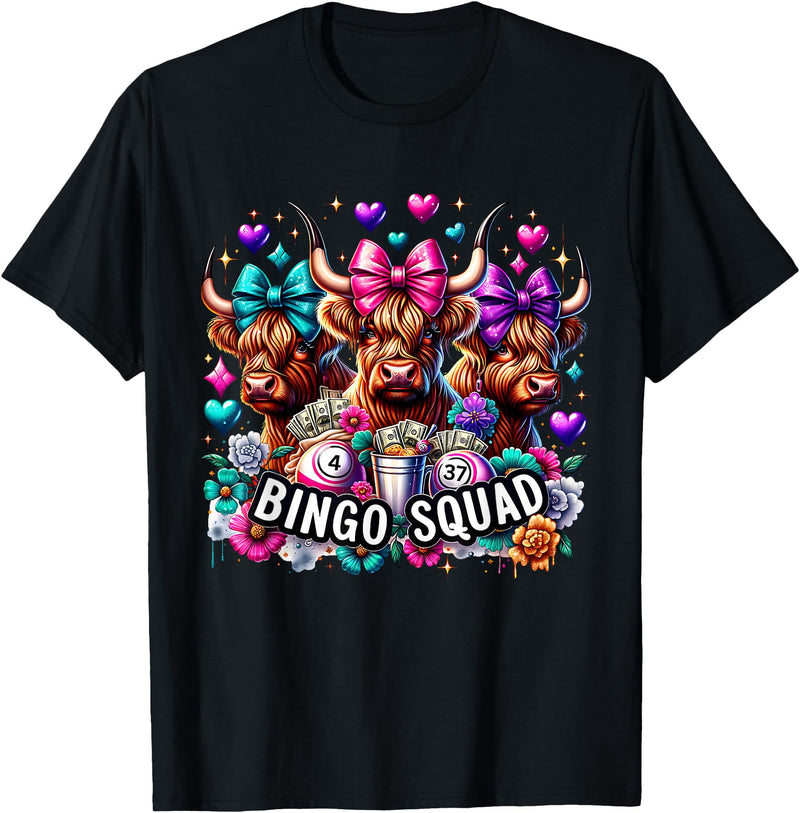 Highland Cow Bingo Player Gambler Lottery Player Highland Cow Bingo Squad Player Gambler Lottery Game Lovers T-Shirt - Black