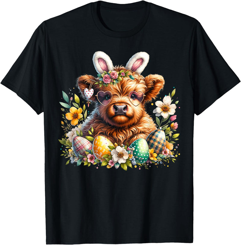 Highland Cow Land of NYC Highland Cow Easter Bunny Moo Basket Egg Floral Women Girls T-Shirt - Black