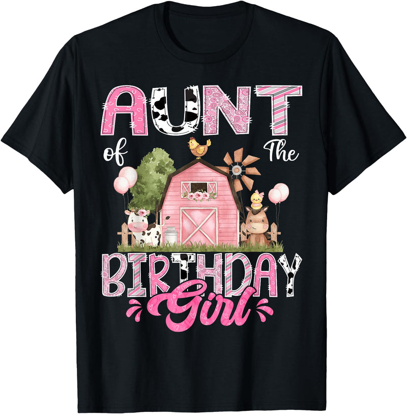 Famer Pink Cow Birthday Matching Tees Aunt Of The Birthday Girl 1St Birthday Pink Cow Farm T-Shirt - Black