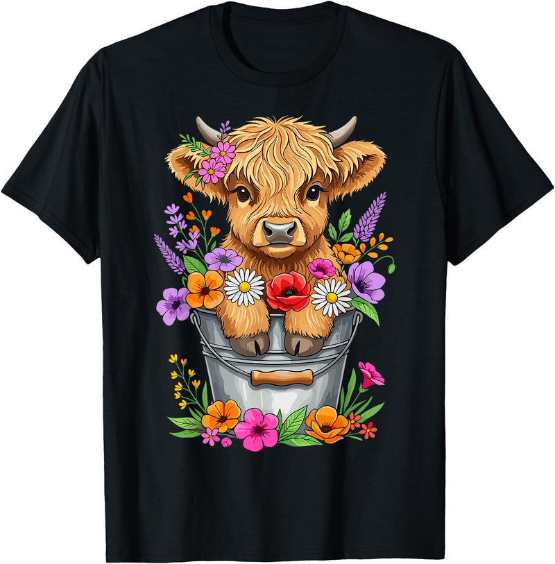 Funny Highland Cow Lovers Cute Baby Highland Cow Bucket Floral Farm T-Shirt - Black