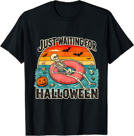 Halloween Retro Skeleton funny tee Just Waiting for Halloween Fun Skeleton Retro Spooky Season T-Shirt - Black