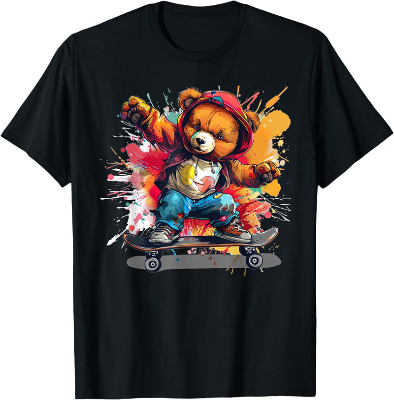 Cool Teddy with skateboard Colourful Splash with Skateboard Teddy Bear Outfit T-Shirt - Black