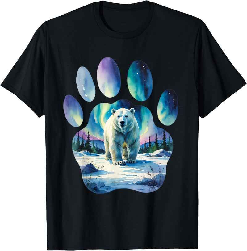 Soft Shapes Studio Polar Bear with Northern Lights in Paw-Shaped Frame T-Shirt - Black
