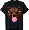 Bear Face Wearing Glasses Apparel For Women ladies Cute Bear Face Eating Gum and Makes Bubble Funny Bears Women T-Shirt - Black