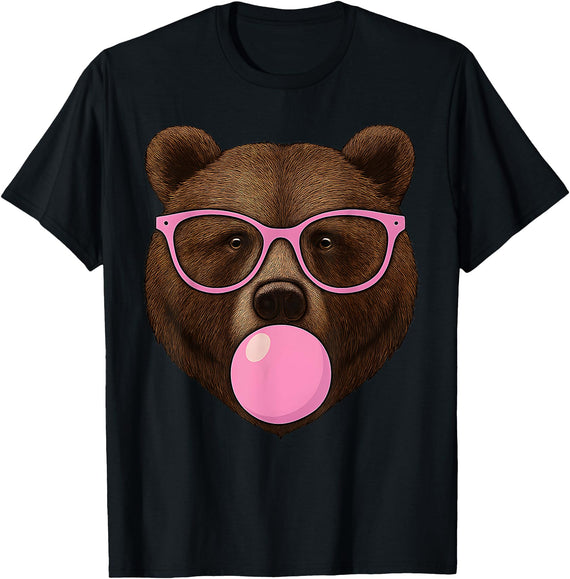 Bear Face Wearing Glasses Apparel For Women ladies Cute Bear Face Eating Gum and Makes Bubble Funny Bears Women T-Shirt - Black