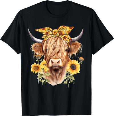 Cute Scottish Highland Cow Wearing Sunflower Bandana Heifer T-Shirt