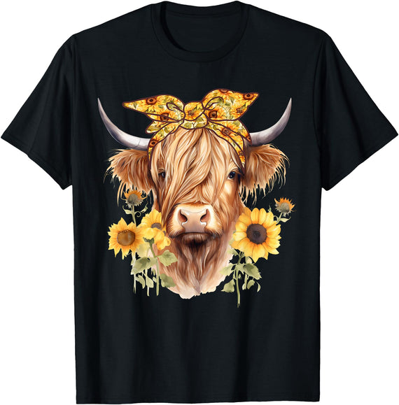 Kala Floral Highland Cow Designs Cute Scottish Highland Cow Wearing Sunflower Bandana Heifer T-Shirt - Black