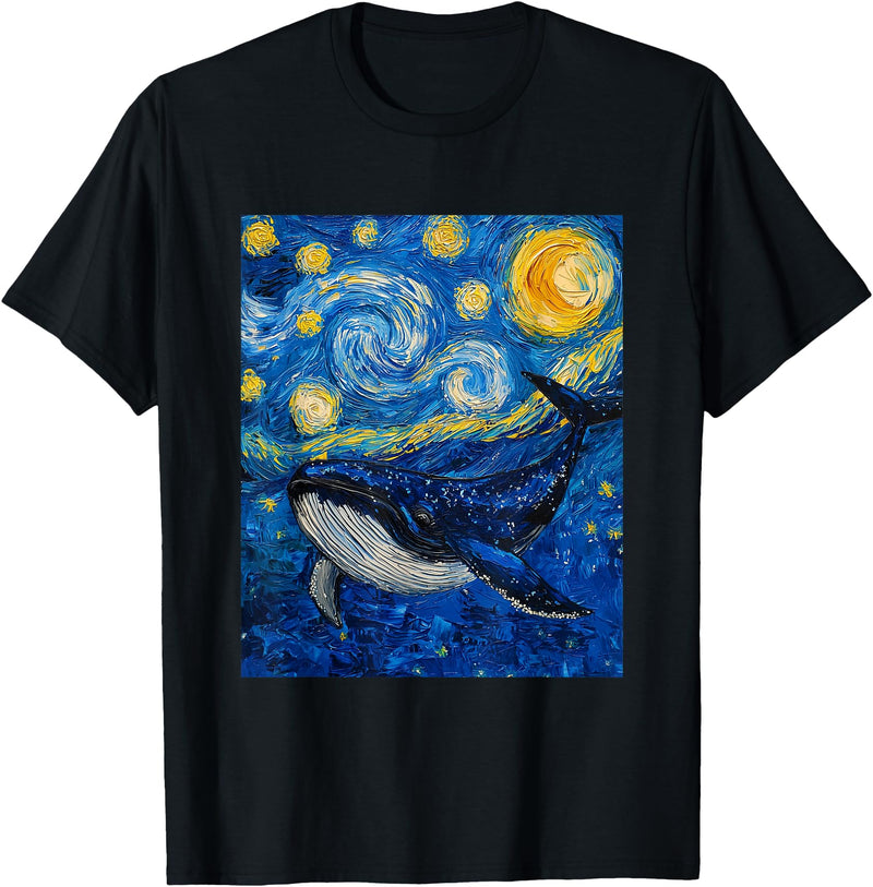 Whale Designs. Whale Fish Van Gogh Style Starry Night Sea Graphic T-Shirt - Black