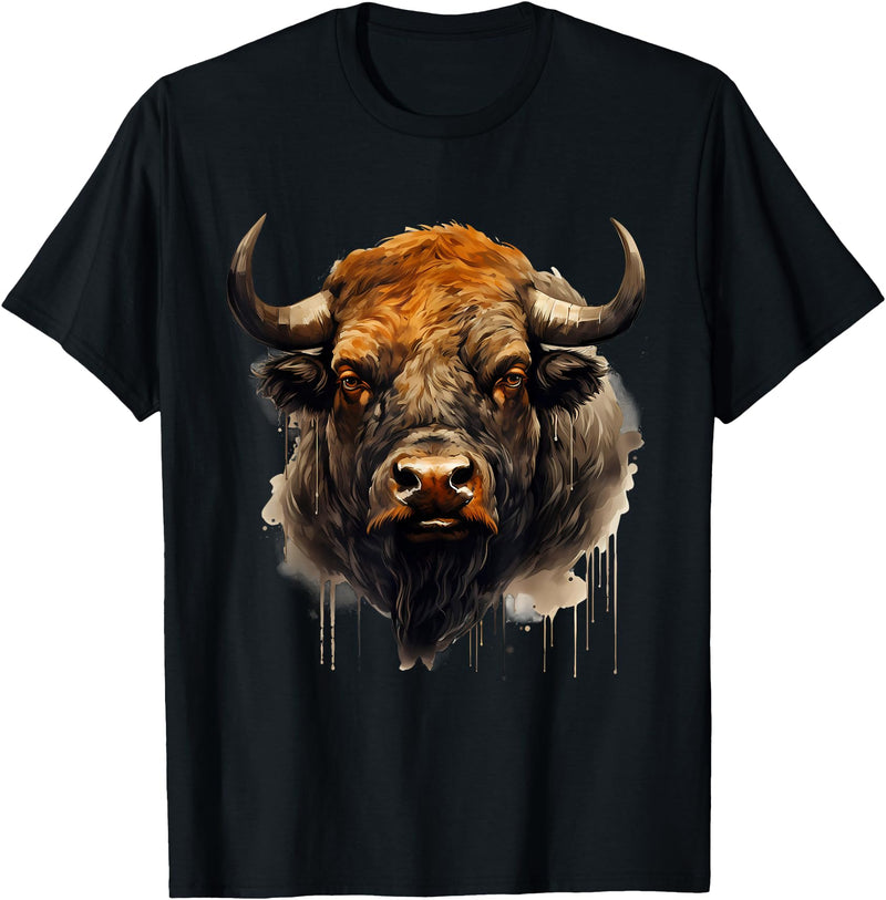 Safari Animal Art Buffalo Animal Print Portrait Bison Nature Artwork T-Shirt - Black