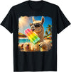 Funny Llama Popsicle Summer Ice Cream Rainbow Drip Funny Llama Eating Popsicle Summer Beach Animal Sunglasses T-Shirt - Black
