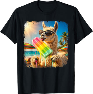 Funny Llama Popsicle Summer Ice Cream Rainbow Drip Funny Llama Eating Popsicle Summer Beach Animal Sunglasses T-Shirt - Black
