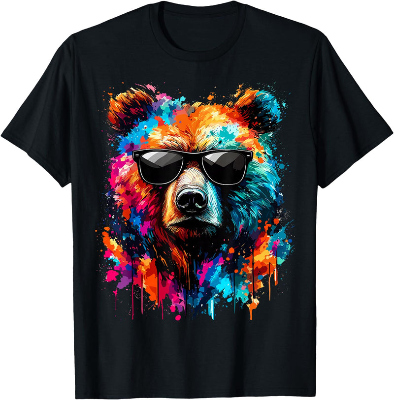 Funny Colorful Bear Lover Wildlife Colourful Bear with Sunglasses T-Shirt - Black