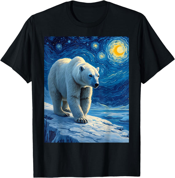 Polar Bear Van Gogh's Starry Night Wildlife Art Van Gogh's Starry Night Polar Bear Ice Bear Animal Lovers T-Shirt - Black