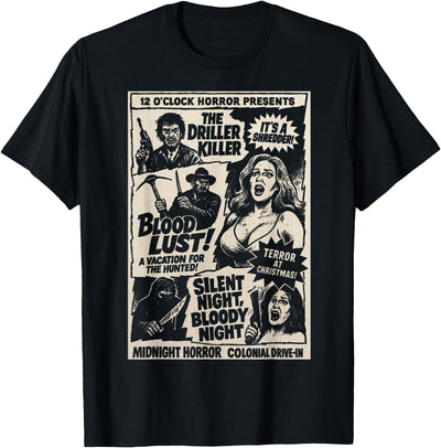 12 O'Clock Horror Midnight Horror Show Retro Drive in Slasher Cult Classic T-Shirt