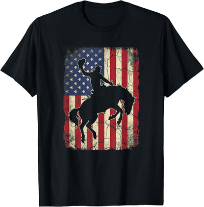 Cool Horse Riding 4th of July Clothes Rodeo Cowboy Western Country Bucking Horse USA Flag T-Shirt