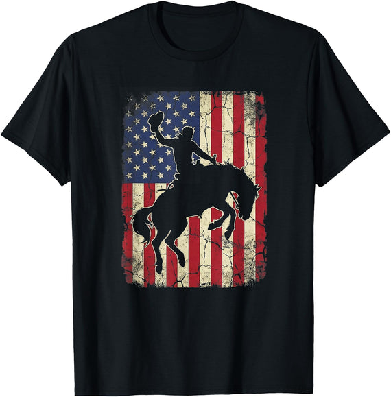 Cool Horse Riding 4th of July Clothes Rodeo Cowboy Western Country Bucking Horse USA Flag T-Shirt - Black