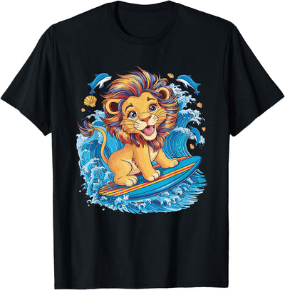 Cute Surfing Lion Riding the Waves T-Shirt