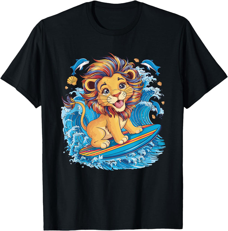 Cute Lion surfing gifts Cute Surfing Lion Riding the Waves T-Shirt - Black