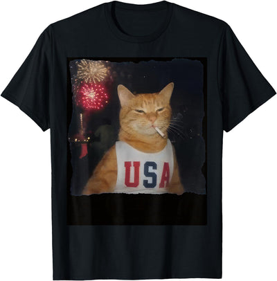 Funny Cat July 4th Fireworks Funny Patriotic Orange Cat Fireworks 4th of July USA Flag T-Shirt