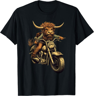 Scottish Highland Cow Cattle Hairy Cow Rides Motorcycle T-Shirt