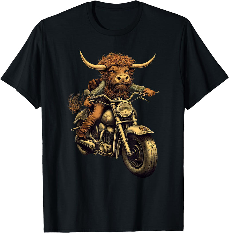 Scottish Highland Cow motorcycle Lovers gift Scottish Highland Cow Cattle Hairy Cow Rides motorcycle men T-Shirt - Black