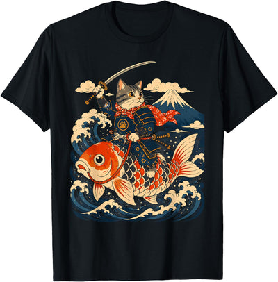SKLVL Samurai Cat Riding Koi Anime Japanese Warrior Art T-Shirt