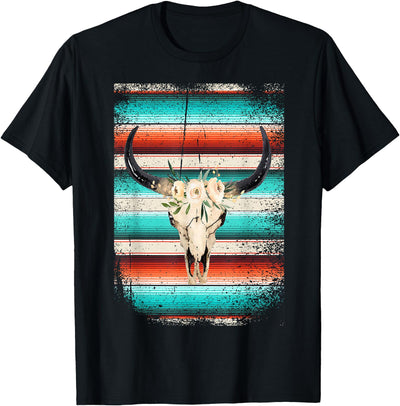 Funny Serape Cow Boho Print Flower Rustic Turquoise T-Shirt