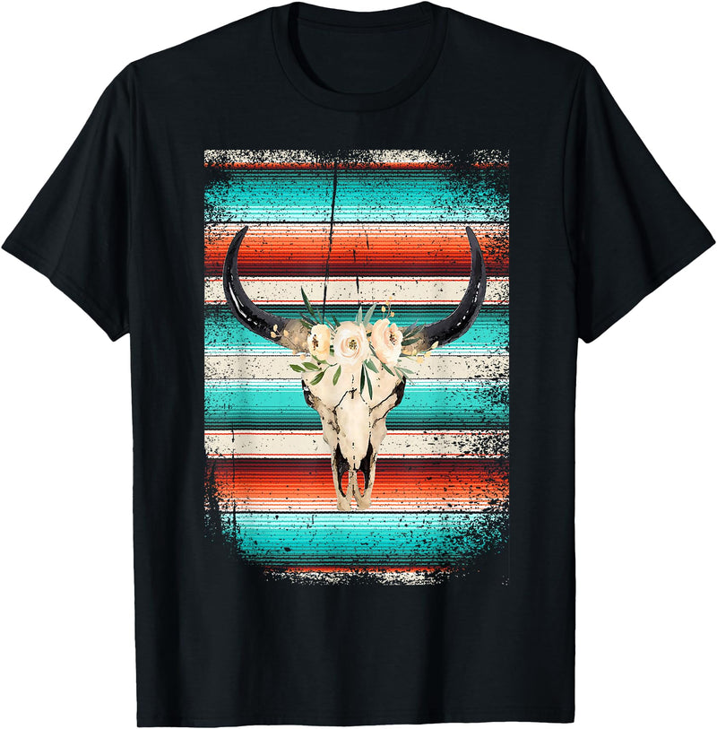 Funny Serape Cow BOHO designs Funny Serape Cow BOHO print Flower Rustic Turquoise T-Shirt - Black