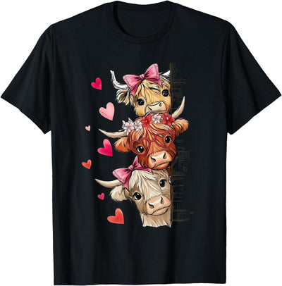 Cute Highland Cow Valentine Cow Lover Trio Hearts Valentine T-Shirt