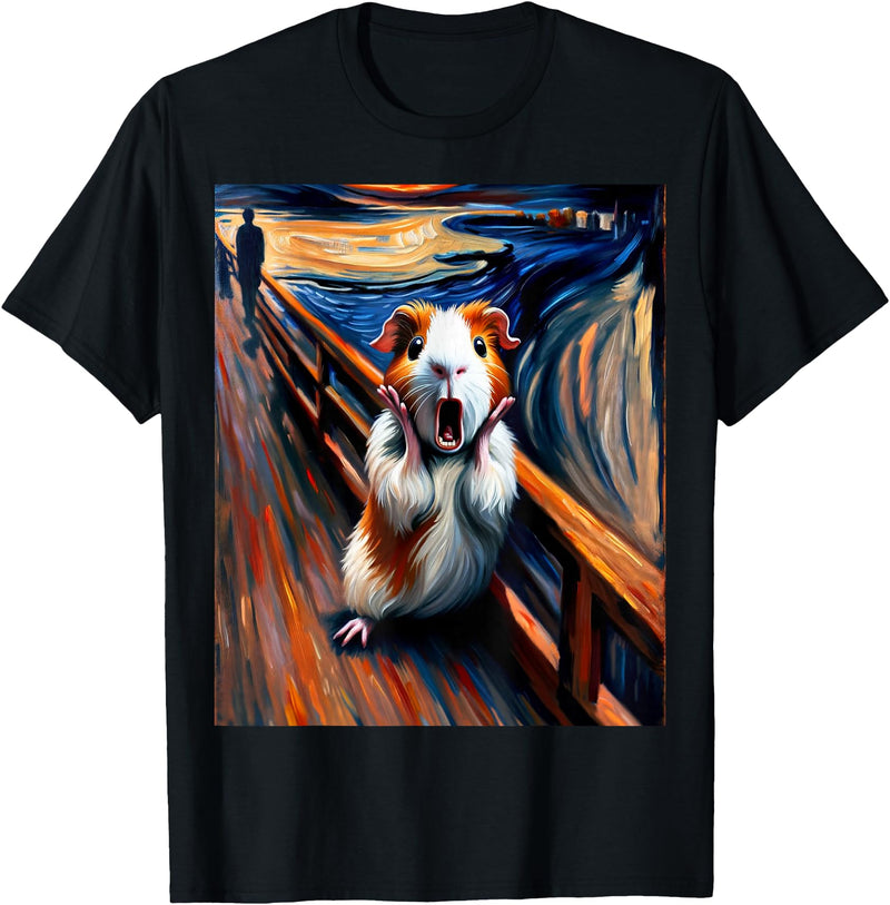 Artsy Guinea Pig Art Funny Animal Painting Humor Expressionist Scream Parody Funny Painting Art Guinea Pig T-Shirt - Black