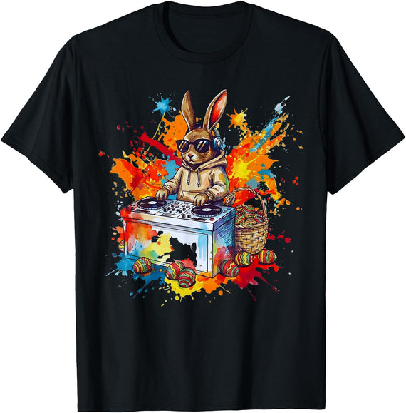 Easter Bunny Retro Dj Player Cool Rabbit for Boys Men Kids T-Shirt in Black